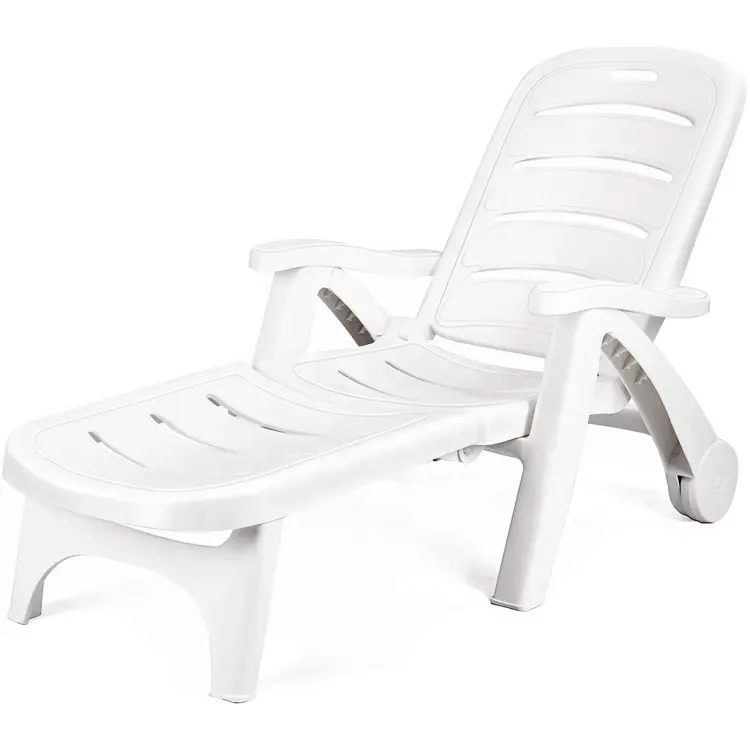 Plastic Foldable Beach Chaise Lounge Outdoor Patio Deck Chair Adjustable Rolling Lounger 5 Position Recliner w/Armrests, White