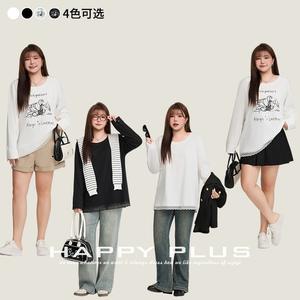 Happy Plus Lace Patchwork Loose <b>Long</b> Sleeve <b>T</b>-<b>Shirt</b> Women Plus Size Cartoon Print White <b>Black</b> Solid Color N9102 - Product Image 3