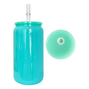 50Packs Glossy Macaron 16Oz Colored Glass Can With Plastic Lid Uv Dtf <b>Wraps</b> <b>Vinyl</b> for Iced Coffee Soda - Product Image 3