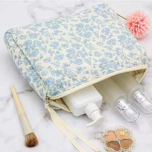 Borsa per il Trucco in Cotone con Chiusura a Cerniera per Donne, Grande Pochette da Viaggio Trapuntata, Organizer per Cosmetici da Ragazza, Blu, Marca LOHAS - Product Image 4