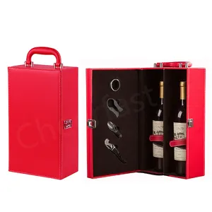 Cheerfast el yapımı şarap taşıma çantası seyahat hediyesi kutusu ve 4 adet araçları deri tek PU deri şarap kutusu hediye ve şarap kutusu siyah