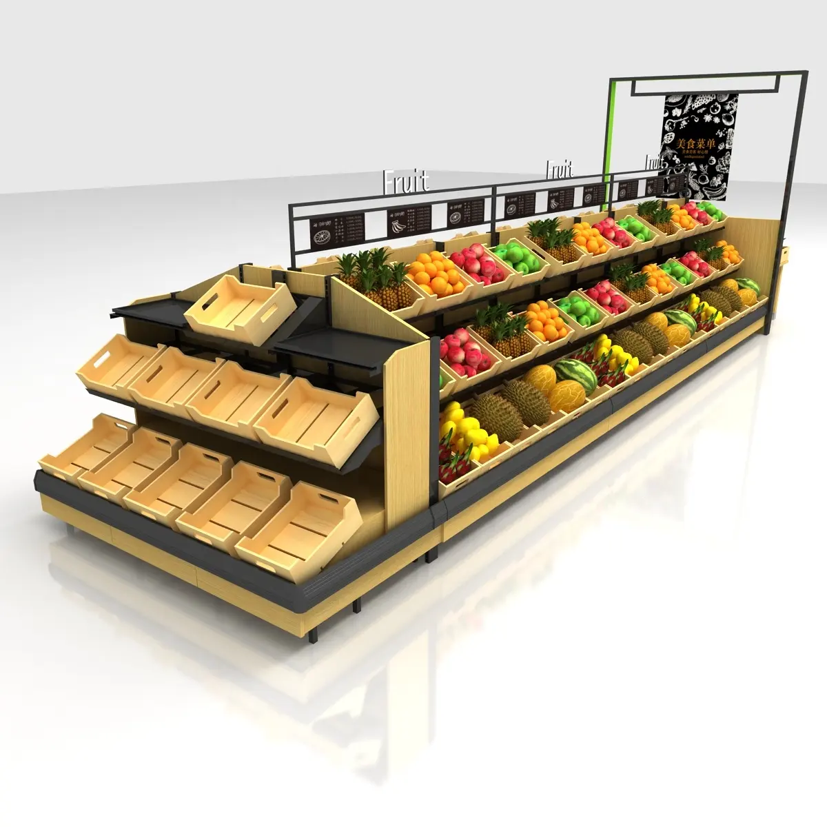 Estante de madera para exhibición de frutas y verduras, estante de buen diseño para supermercado