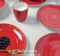 Service de table en grès émaillé rouge 16 pièces - Design classique, compatible lave-vaisselle et micro-ondes, réutilisable pour la restauration et les cadeaux d'affaires