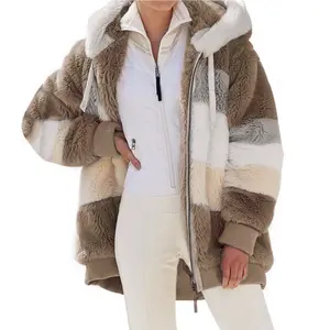 2023 Mode Warme Pluche Bovenkleding Winterkleurige Contrast Hoodie Jas Met Ritssluiting Voor Dames