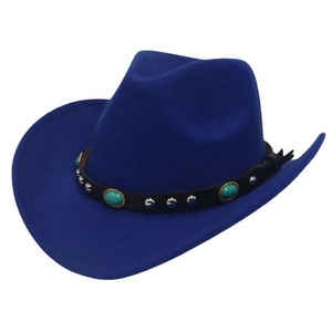 Cross-Border New European American Ethnic Gem Ribbon <b>Western</b> Cowboy <b>Hat</b> Large Brim Solid Color Sun <b>Hat</b> Tibetan Felt Image Casual - Product Image 4