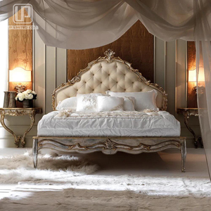 Italian Silver Leaf Upholstered French <b>Bed</b> Wooden <b>Bed</b> 100% Hand Antique French <b>Bed</b> With Headboard - Product Image 1