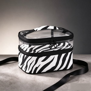 Pochette de toilette double couche en PVC imprimé zèbre, étanche, transparente, avec poignée, pour voyage et organisation de maquillage - Product Image 1