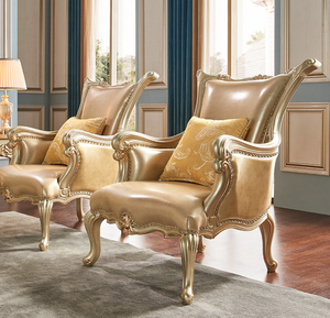 Divano Combinato in Pelle e Legno Massello Intagliato di Lusso Europeo Color Champagne, Arredamento per Soggiorno in Stile Francese - Product Image 5