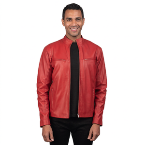 Custom <b>Men</b> Red Genuine Leather <b>Jacket</b> Stand Collar Moto <b>Biker</b> Coat Premium Slim Fit Casual Cowhide Zipper Luxury Leather <b>Jacket</b> - Product Image 1