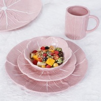 Service de vaisselle créatif en céramique en forme de chou, motif veine de feuille, compatible micro-ondes, combinaison bol, assiette, plat, tasse, rose et vert, pour la maison