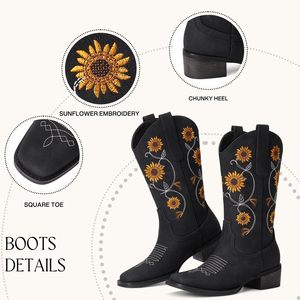 Nuevas Botas Vaqueras de Mujer a Media Pantorrilla, Estilo Western, con Bordado de Girasol, Puntera Cuadrada y Tacón Bajo - Product Image 2