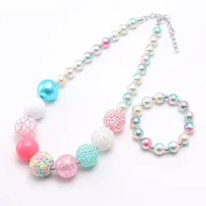 Wholesale beads chunky-Little Girls Chunky Bubblegum Beads Colorful Pearls Necklace And Bracelet Jewelry Sets For Children
