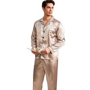 Set da Uomo in Raso 100% Poliestere Tinto in Filo, Simil-Seta, per Casa, con Top a Maniche Lunghe e Pantaloni - Product Image 5