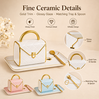 Ensemble de tasses à café en céramique de luxe en forme de sac à main avec plateau et cuillère dorée, décoration personnalisée pour la maison et le café, ensemble de tasses cadeaux, OEM ODM, vente en gros