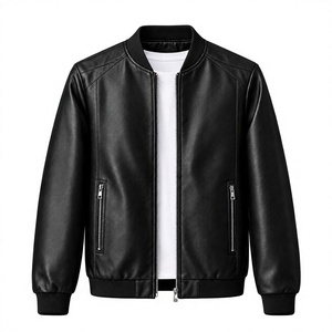 Blouson bomber en cuir PU noir pour homme, col montant, fermeture éclair, style décontracté, veste de motard, automne - Product Image 1