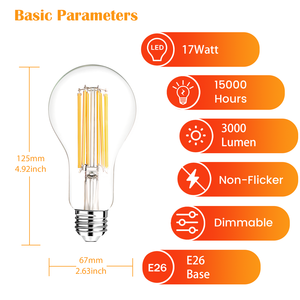<span class=keywords><strong>Ampoule</strong></span> à <span class=keywords><strong>filament</strong></span> <span class=keywords><strong>LED</strong></span> AC FLINT RA90 CRI90 A67/A21 E26 17W en verre, dimmable, 3000K, garantie 2 ans, certifiée FCC, 15000 <span class=keywords><strong>1000</strong></span> <span class=keywords><strong>Lumens</strong></span> - Product Image 2