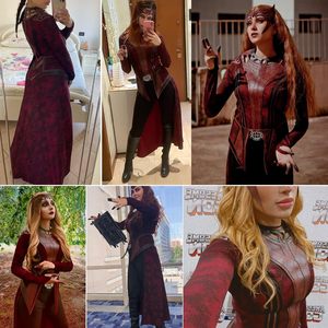 Disfraz de bruja escarlata para mujer SINSEN, traje de cosplay de <span class=keywords><strong>Wanda</strong></span> Maximoff, chaqueta con capucha, pantalones, tocado, conjunto completo para fiesta de <span class=keywords><strong>Halloween</strong></span> - Product Image 4