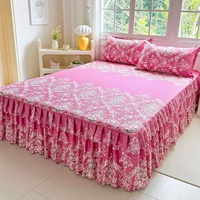 Vente en gros pour le commerce transfrontalier : Jupe de lit et couvre-lit en polyester imprimé floral brossé, style coréen, quatre saisons, avec dentelle, pour matelas Simmons