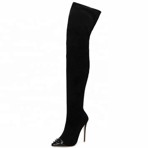 High-end Ladies High Heel Over Knee Rivets Stud Boots Pull on Thigh High Boots Women Suede Stretch Stiletto <b>Shoes</b> Long Boots - Product Image 4