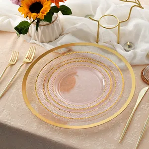 Luxury gold rim transparent disposable plates and cups