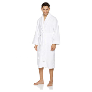 Albornoz de hombre blanco de felpa con cuello chal, suave, largo y con cinturón - Product Image 1