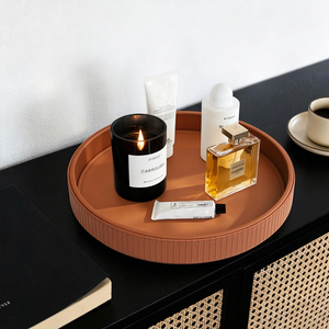 Brown Stripe Round Leather <strong>Tray</strong> Desktop Storage Organizer <strong>Decorative</strong> <strong>Tray</strong> for Nightstand or <strong>Dresser</strong> - Product Image 5