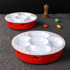 Bandeja de servir de melamina con 5 compartimentos, redonda, con diseño rojo y blanco, irrompible, para uso en hoteles y restaurantes. - Product Image 1
