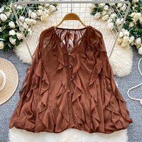 Chemise en mousseline de soie élégante pour femmes, col en V, manches lanternes, volants, pour l'automne, chemisier ample et fluide