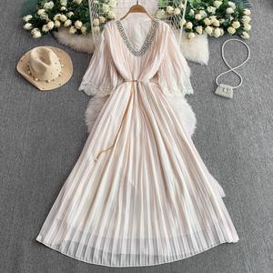 Vestido de Noche de Lujo con Pedrería y Cuello en V para Mujer, <span class=keywords><strong>Maxi</strong></span> de Encaje con Falda Acampanada y Lazo en la Cintura para Eventos Formales - Product Image 4