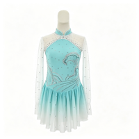 Robe de patinage et de danse vert menthe dégradé, col montant, manches longues en maille, dos en V orné de strass, pour enfants et adultes, compétition et performance