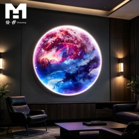 Décoration Murale Ronde LED : Affiches et Impressions Artistiques Colorées Lune et Nébuleuse, Tableau Luxe Terre sur Toile Encadrée