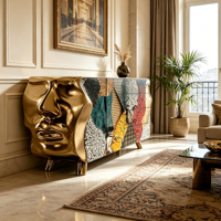 Buffet en fibre de verre multicolore style patchwork artistique avec sculpture faciale 3D et pieds coniques dorés pour la décoration de salle à manger de villa