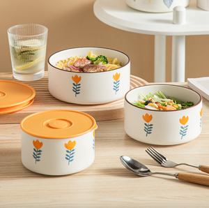 Set di Tre Ciotole <span class=keywords><strong>in</strong></span> Ceramica Design Bohémien Ecologiche per Conservazione Alimenti Adatte al <span class=keywords><strong>Microonde</strong></span> e al Frigorifero con Coperchio Ermetico - Product Image 4