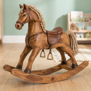 Cheval à bascule artisanal en bois de manguier avec crinière et selle en jute 60x28x50 cm - Product Image 2