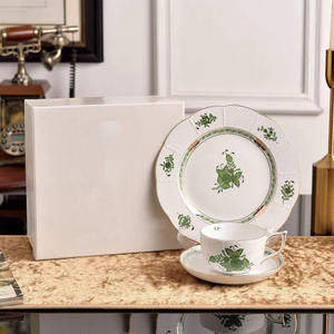 White Ceramic with Light Relief Mint Leaf Pattern and Gold Rim Afternoon <b>Tea</b> Set Ceramic Coffee Cup and Saucer with Gift <b>Box</b> - Product Image 3