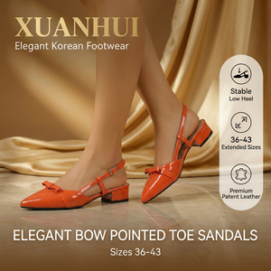 Xuanhui Koreanischer Stil <span class=keywords><strong>Orange</strong></span> Lackleder Slingbacks Elegante Schleife Spitze Zehe Stabile Niedrige Blockabsatz-Sandalen für Damen - Product Image 1