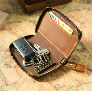 Porte-monnaie en cuir pleine fleur Crazy Horse, couleur personnalisée, fermeture éclair métallique, porte-clés, étui pour clés de voiture, portefeuille rétro pour clés - Product Image 2