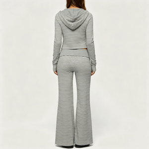 Conjunto de <span class=keywords><strong>Pantalones</strong></span> Anchos y Top Corto con Capucha a Rayas Grises para Mujer, Ropa Casual de Salón, Conjunto de Dos Piezas, Tejido de Punto Suave, Ajuste Cómodo - Product Image 3