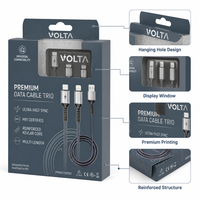 Boîte d'emballage trio de câbles de données VOLTA Premium, carton pliable imprimé sur mesure pour câble de charge 3-en-1, boîte en papier écologique
