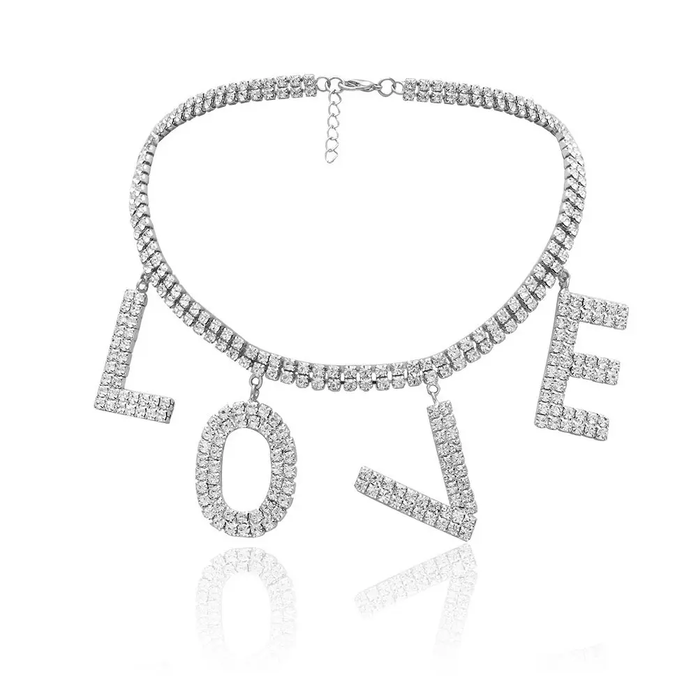 Harajuku Zware Letters Crystal Liefde Grotere Letters Punk Choker <span class=keywords><strong>Ketting</strong></span> Hip Hop Grote <span class=keywords><strong>Ketting</strong></span>