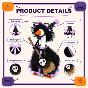 Trajes de bruja de Halloween de 7 pulgadas para ganso de escritorio, ropa de otoño para ganso de escritorio con gafas y collares de escoba para estatua de ganso magnética - Product Image 3
