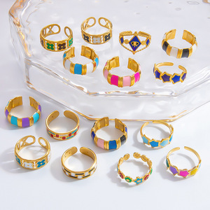 Fashion <b>Rings</b> Women's Open Design Colorful Enamel Gold Plated Party Jewelry Irregular Flower Pattern Stainless Steel <b>Ring</b> Set - Product Image 1