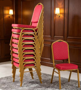 Chaise d'hôtel avec structure en métal plaqué or, revêtement en tissu à motifs résistant aux taches, dossier ergonomique incurvé, design empilable - Product Image 1