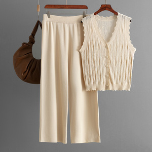 Conjunto de 2 Piezas para Mujer, Nuevo Cárdigan Sencillo Holgado sin Mangas, Pantalones Anchos de Punto, a la Moda - Product Image 4