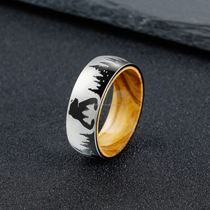 8mm 실버 스테인리스 스틸 사슴 숲 반지 올리버 우드 라이너 레이저 각인 자연 웨딩 밴드 남성용 - Product Image 4