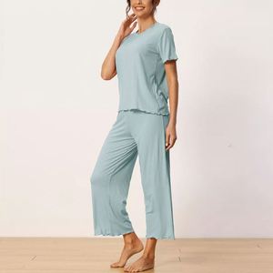 Ensemble de vêtements d'intérieur pour femme, T-shirt et pantalon, été, léger, manches courtes, pantalon long taille haute, pantalon ample à jambes larges, ensemble pyjama amincissant - Product Image 3