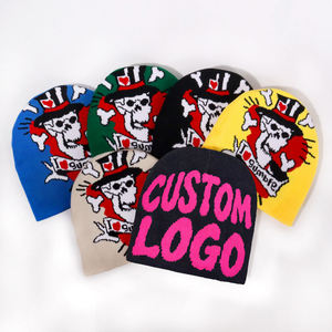 Bán Buôn 100% Acrylic Unisex Chất Lượng Cao Skull Jacquard Biểu Tượng Tùy Chỉnh Thiết Kế In Ấn Mềm Dệt Kim <span class=keywords><strong>Cap</strong></span> Beanies Mũ Mùa Đông - Product Image 1