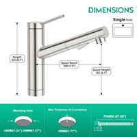 Robinet de cuisine monocommande CUPC avec douchette extractible, en acier inoxydable, à poser sur comptoir, avec cartouche céramique, eau chaude/froide