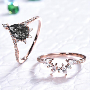 Rose Gold Plated Pear Cut <b>Crystal</b> Cocktail <b>Ring</b> Pave Setting Romantic Engagement Band Women's Jewelry - Product Image 4