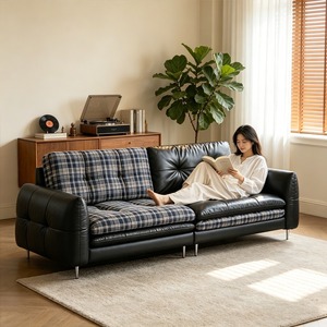 Vintage Style Genuine Leather Hamburger Sofa Straight Line Design Detachable Adjustable <b>Cushion</b> For <b>Small</b> Apartments - Product Image 2